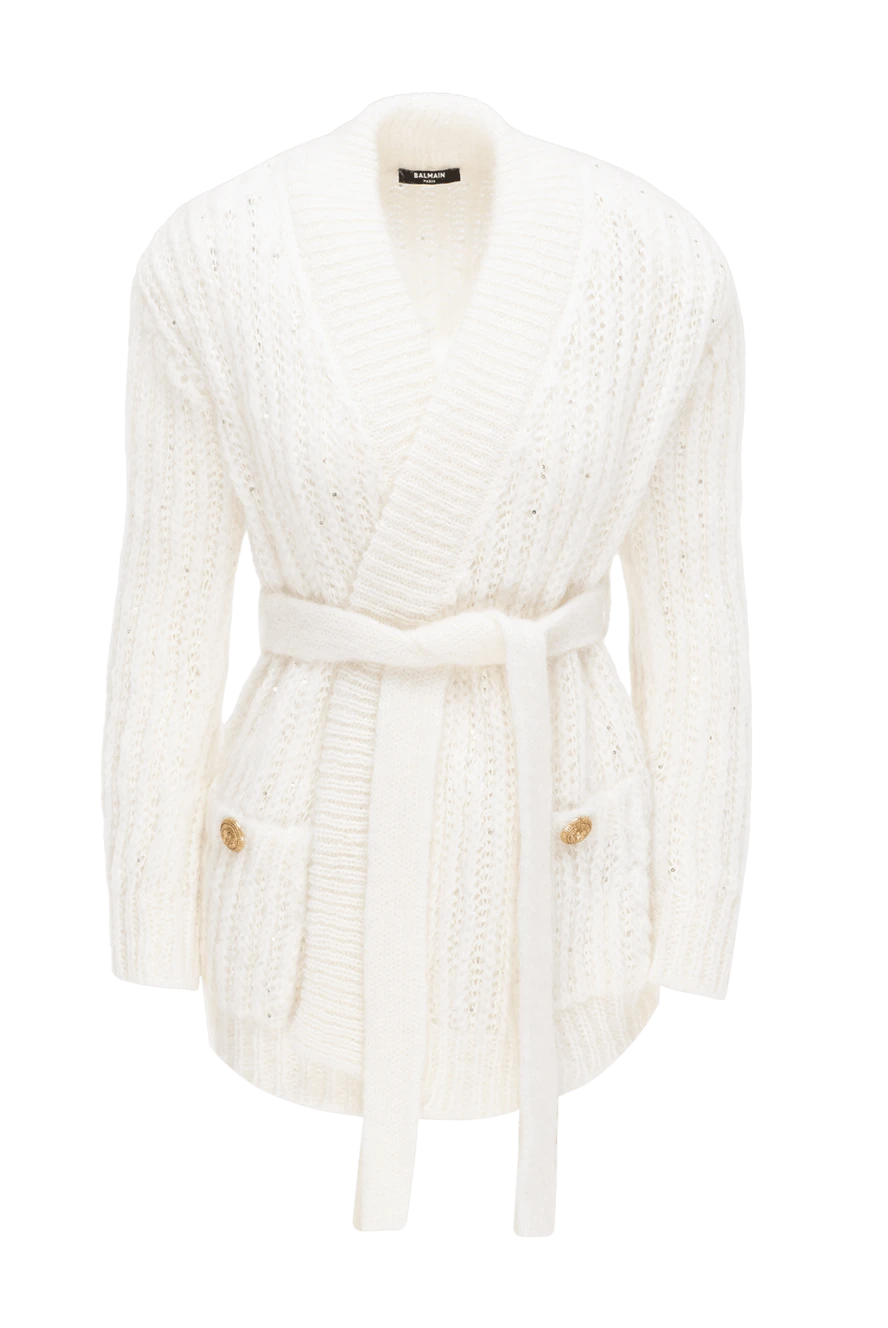 Balmain White cardigan for women - Fastener: belt. textured knitwear, gold-plated buttons. 60% mohair, 19% viscose, 16% polyamide, 5% polyester. Country of manufacture: Italy. Care: specialized cleaning - photo 1