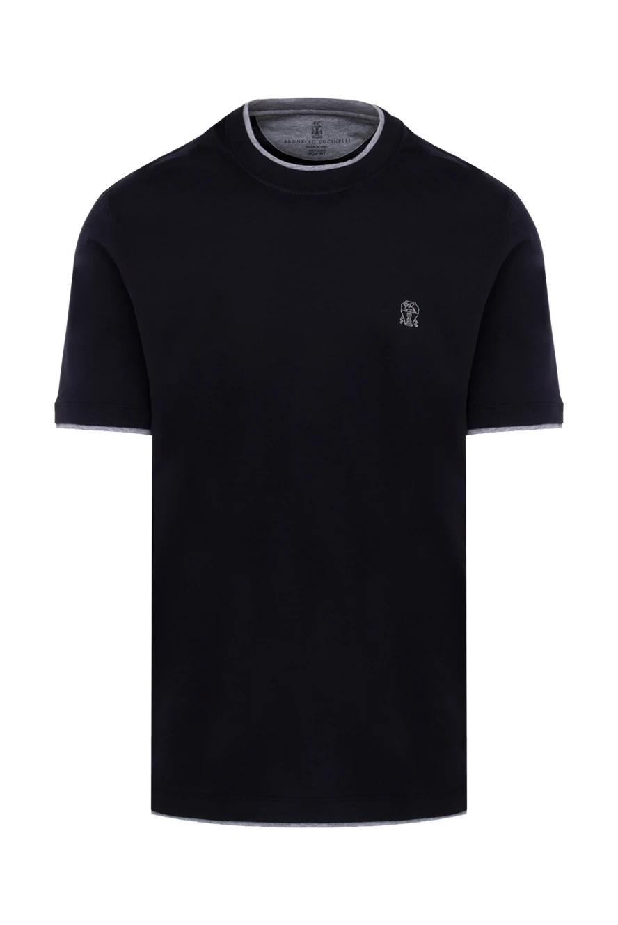 Brunello Cucinelli Blue cotton T-shirt for men - contrasting border on the collar, logo. 100% cotton. Country of manufacture: Italy. Care: specialized cleaning - photo 1