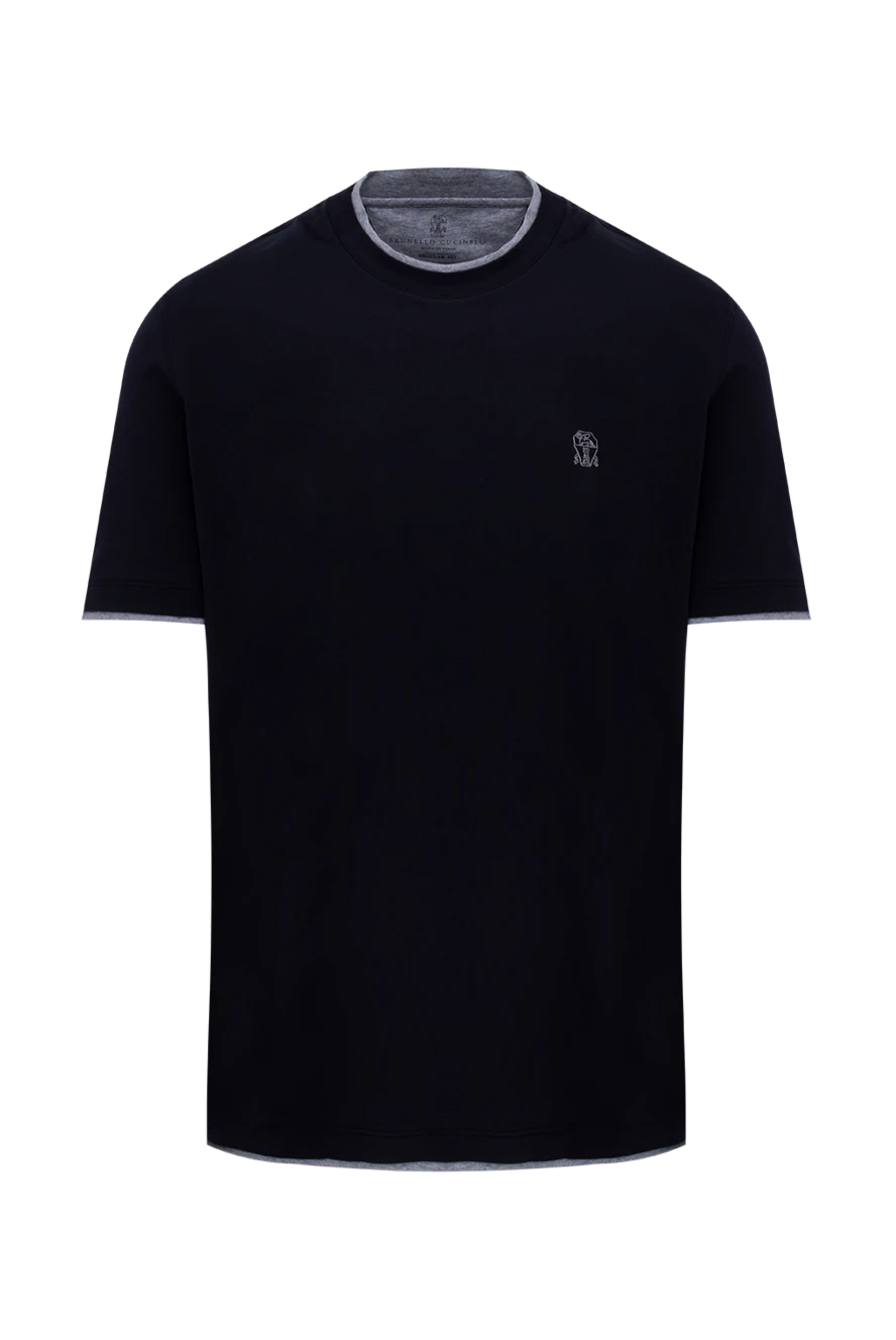 Brunello Cucinelli Blue cotton T-shirt for men - contrasting border on the collar, logo. 100% cotton. Country of manufacture: Italy. Care: specialized cleaning - photo 1
