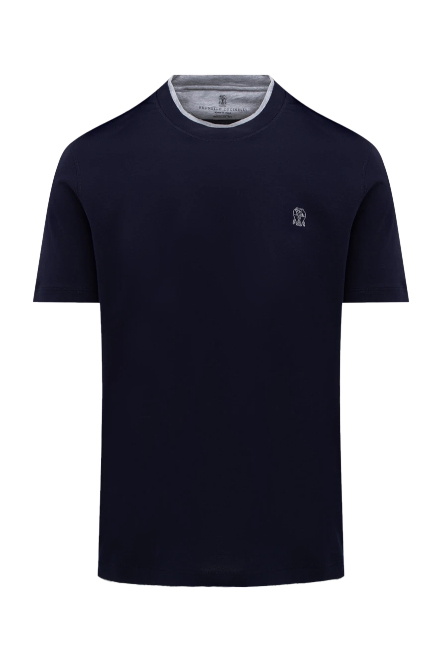 Brunello Cucinelli Blue cotton T-shirt for men - contrasting border on the collar, logo. 100% cotton. Country of manufacture: Italy. Care: specialized cleaning - photo 1