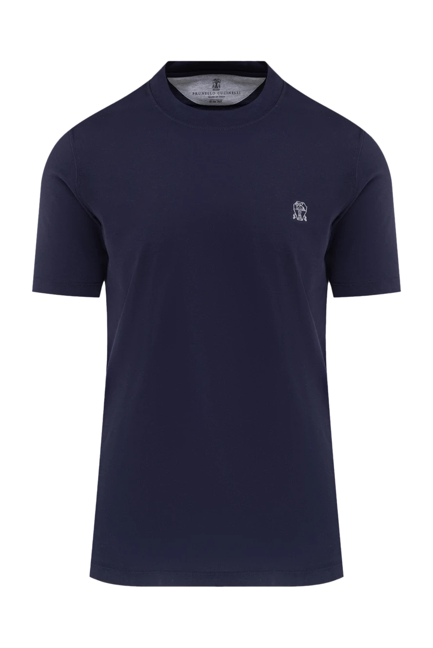 Brunello Cucinelli Blue cotton T-shirt for men - contrasting border on the collar, logo. 100% cotton. Country of manufacture: Italy. Care: specialized cleaning - photo 1