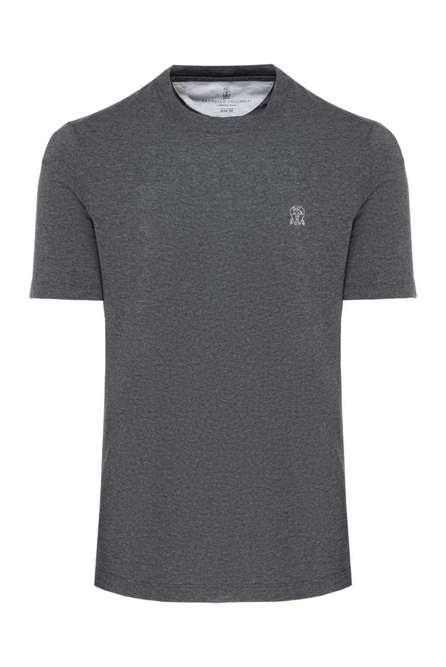 Brunello Cucinelli Gray cotton T-shirt for men - contrasting border on the collar, logo. 100% cotton. Country of manufacture: Italy. Care: specialized cleaning - photo 1