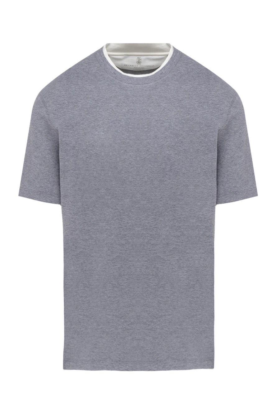 Brunello Cucinelli Gray cotton T-shirt for men - contrasting border on the collar, melange. 100% cotton. Country of manufacture: Italy. Care: specialized cleaning - photo 1