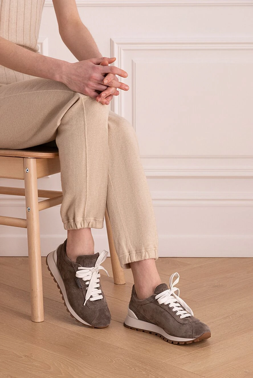 Brunello Cucinelli women's suede sneakers with white laces in