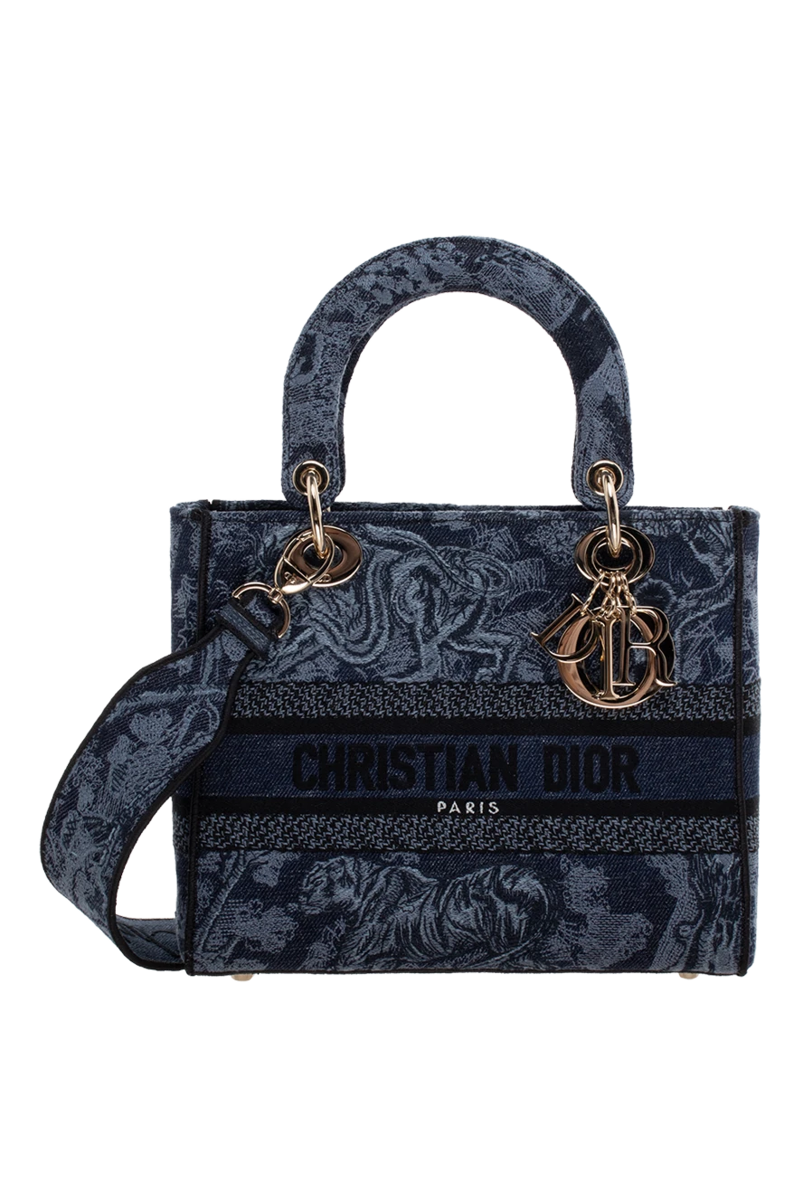 Dior сумка lady d-lite из хлопка синего цвета с золотистой