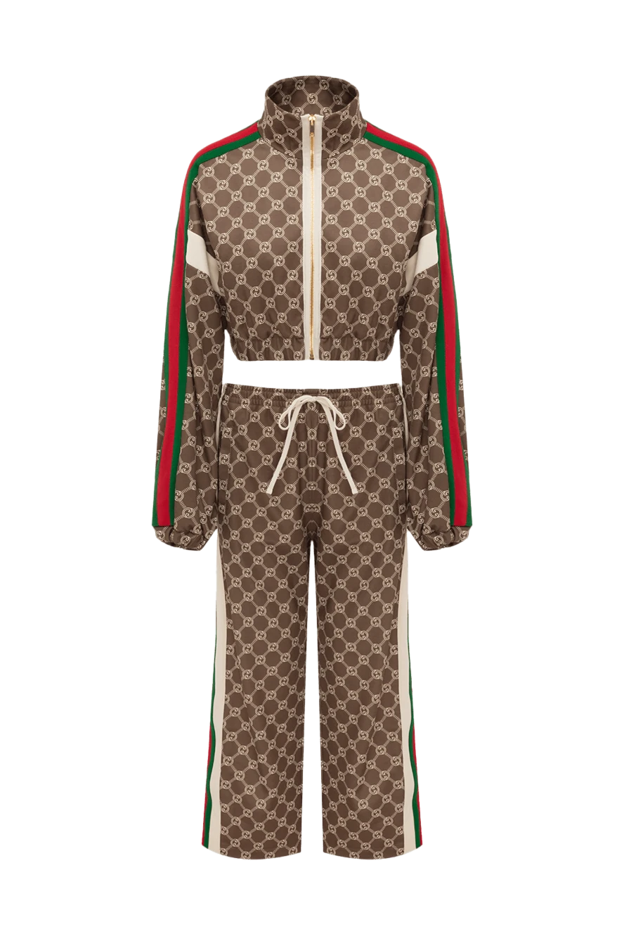 Gucci Костюм прогулянковий з поліестеру та бавовни коричневий жіночий - логотип по поверхні. дві кишені. 55% поліестер, 45% бавовна. еластичний пояс з зав'язкою, блискавка. Країна виробник: Италия. Догляд: спеціалізоване чищення - фото 1