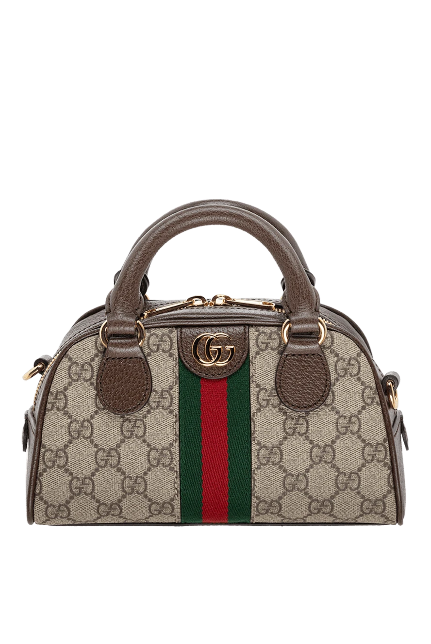 Gucci Сумка из кожи коричневая женская - позолоченная фурнитура, контрастная полоска, металлический логотип. молния. натуральная кожа, текстиль. Страна производитель: Италия. Уход: специализированная чистка - фото 1