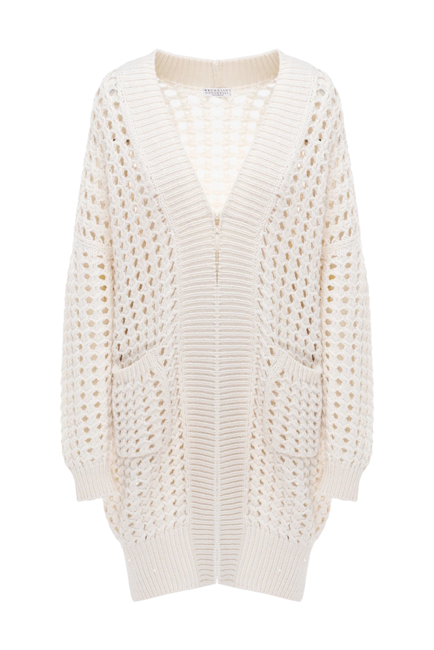 Brunello Cucinelli Cashmere and silk cardigan for women white - mesh cut. two pockets. 90% cashmere, 10% silk. button. Country of manufacture: Italy. Care: specialized cleaning - photo 1