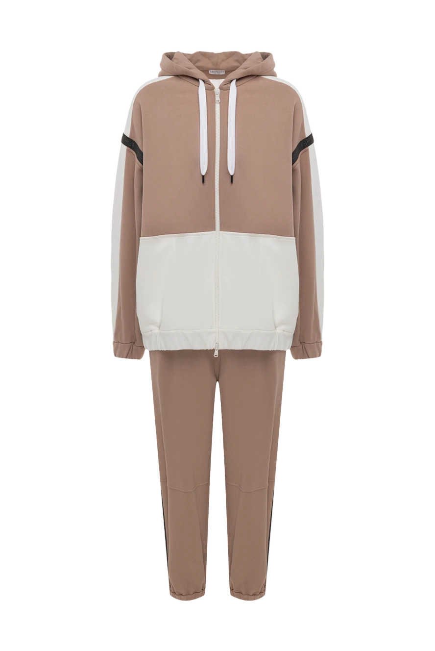 Brunello Cucinelli Walking suit made of cotton beige for women - contrasting inserts, sewn hood. four pockets. 100% cotton. zipper. Country of manufacture: Italy. Care: specialized cleaning - photo 1