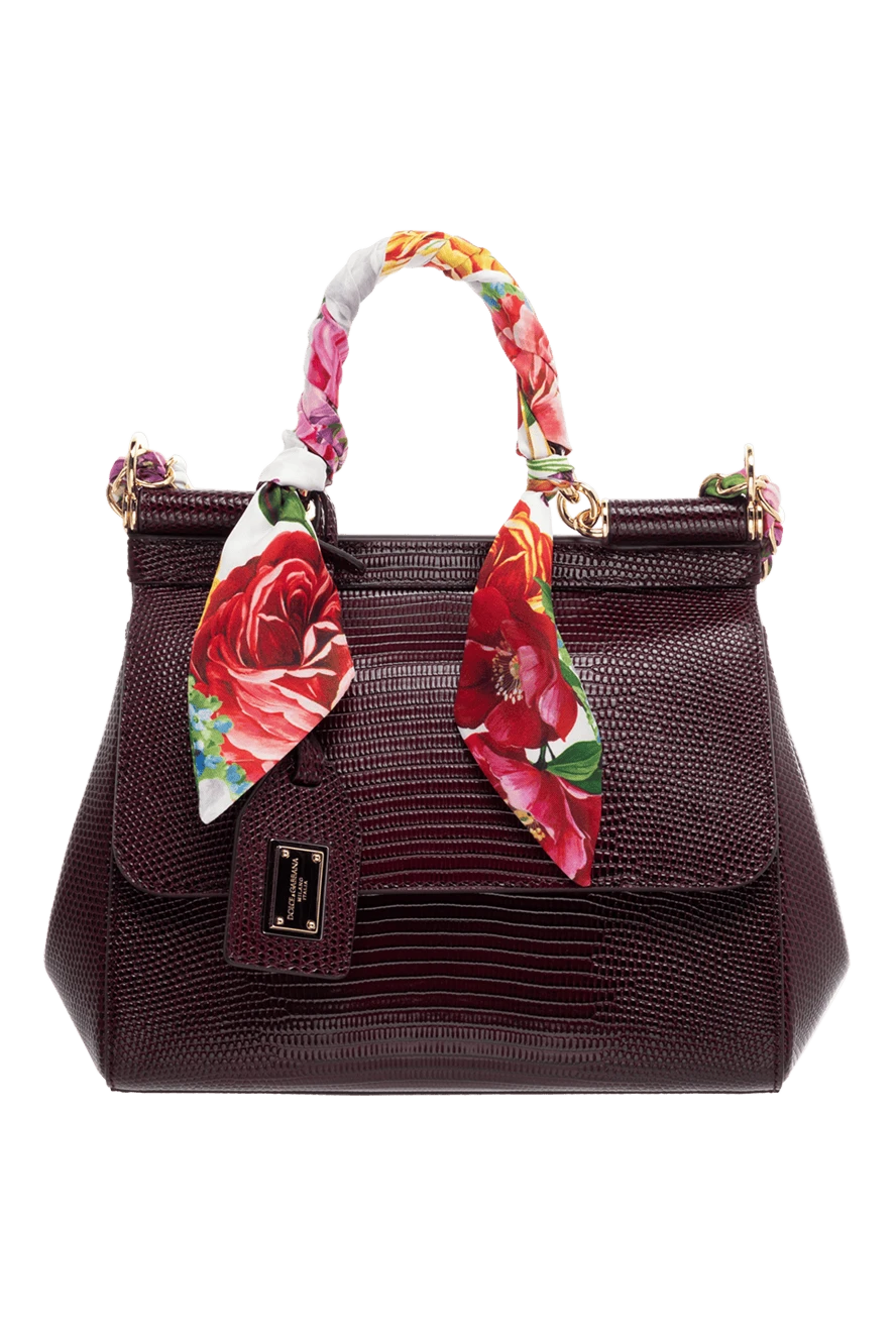 Dolce & Gabbana Bag made of genuine leather for women burgundy - Silk scarf with floral print and chain straps, leather tag with logo.. 85% genuine leather, 15% silk. Size: 23x10x16.5 cm.. Shoulder strap length: 115 cm.. Length of the handle: 34 cm.. Main compartment. Internal card slot. Country of manufacture: Italy. Care: specialized cleaning - photo 1