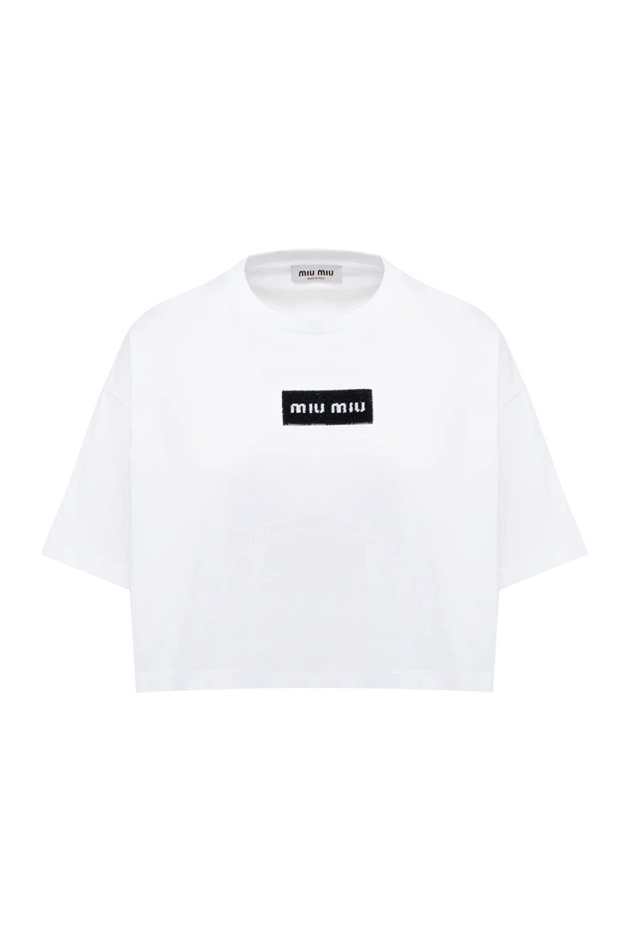 miu miu 半袖ロゴニット ホワイト Miu Miu women's white cotton and polyester t-shirt 176446 — Women