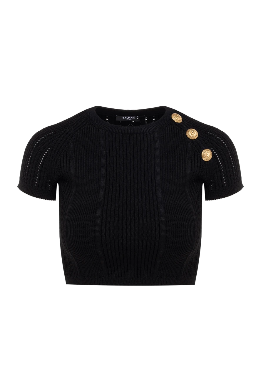 Balmain Women's black top - 3 decorative metal buttons Signature Lion in gold color.. 39% cotton, 39% modal, 12% elastane, 10% polyamide. Country of manufacture: Italy. Care: specialized cleaning - photo 1