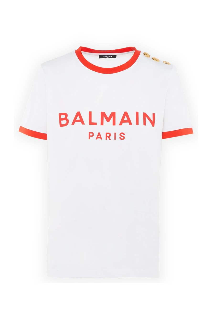 Balmain Футболка из хлопка женская белая - логотип, окантовка на воротнике и рукавах. 100% хлопок. Страна производитель: Франция. Уход: специализированная чистка - фото 1