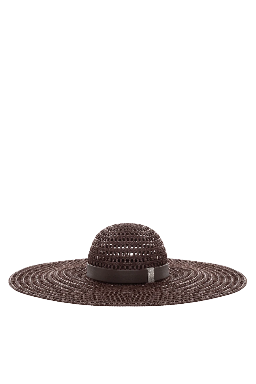 Peserico Women's hat made of viscose and genuine leather brown - mesh pattern. 70% viscose, 30% genuine leather. Country of manufacture: Italy. Care: specialized cleaning - photo 1