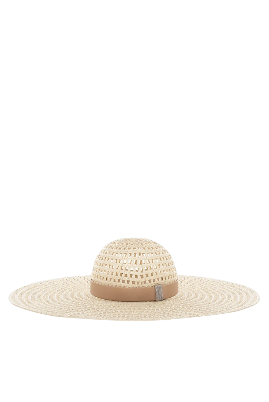 Peserico Women's hat made of viscose and genuine leather beige - mesh pattern. 70% viscose, 30% genuine leather. Country of manufacture: Italy. Care: specialized cleaning - photo 1