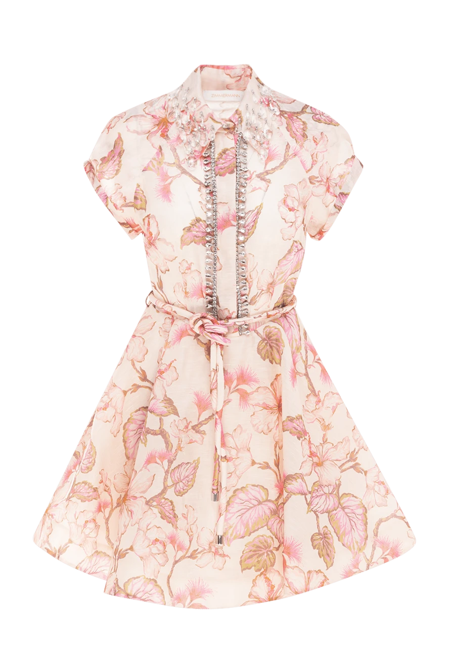 Zimmermann Women's pink dress made of linen and silk - floral pattern, rhinestones. 52% linen, 48% silk. Closure: buttons. Country of manufacture: Italy. Care: specialized cleaning - photo 1