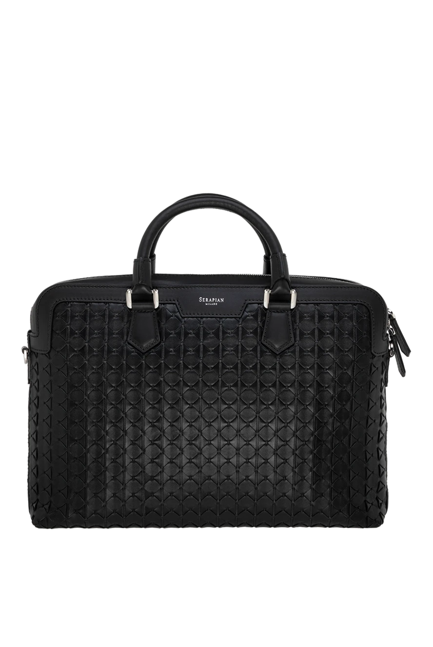 Serapian Men's black briefcase made of genuine textured leather - brand logo, textured leather. Closure: top zip. 100% genuine leather. Country of manufacture: Italy. Care: specialized cleaning - photo 1