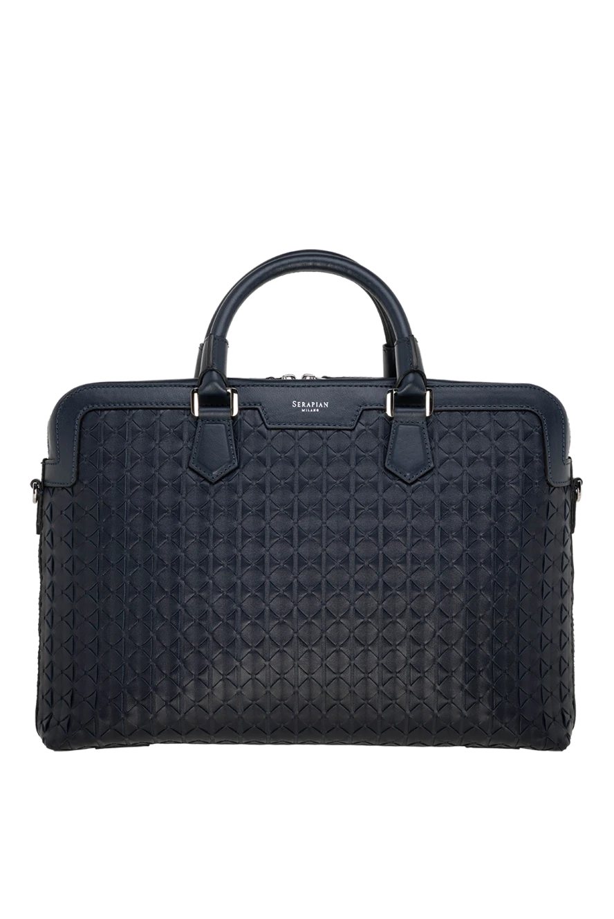 Serapian Men's blue briefcase made of genuine textured leather - brand logo, textured leather. Closure: top zip. 100% genuine leather. Country of manufacture: Italy. Care: specialized cleaning - photo 1