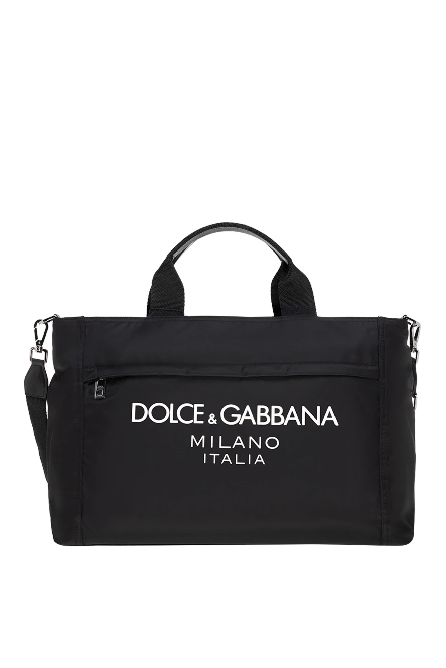 Dolce & Gabbana Сумка дорожня чоловіча чорна - логотип бренду. двозамкова застібка-блискавка зверху з фірмовими пулерами. 20% натуральна шкіра, 72% поліамід, 8% акрил. Ручки: текстильні ручки з обробкою з телячої шкіри. передня плоска кишеня на блискавці з фірмовим пулером. Розміри: 33?50?20 см. Країна виробник: Італія. Догляд: спеціалізоване чищення - фото 1