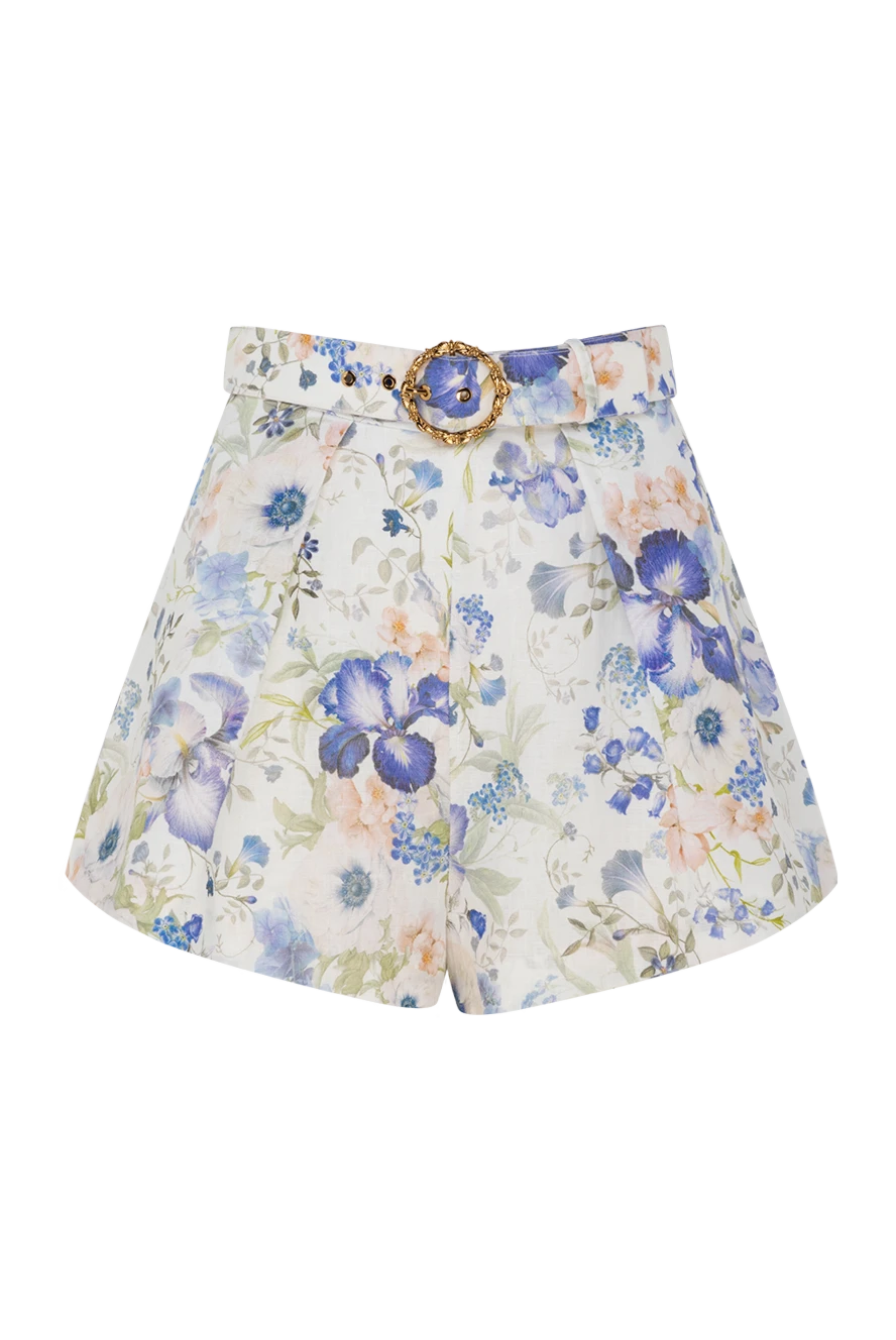 Zimmermann Women's blue shorts made of linen - tucks, flowers pattern. belt. 100% linen. two side pockets. Country of manufacture: Italy. Care: specialized cleaning - photo 1