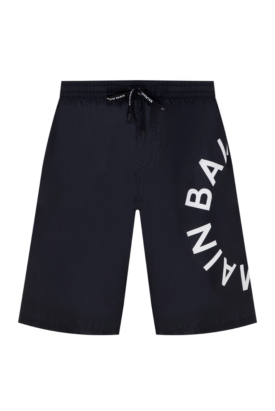 Balmain Men's black polyester shorts with logo - brand logo. 100% polyester. Closure: drawstring. two side pockets. Country of manufacture: Italy. Care: specialized cleaning - photo 1