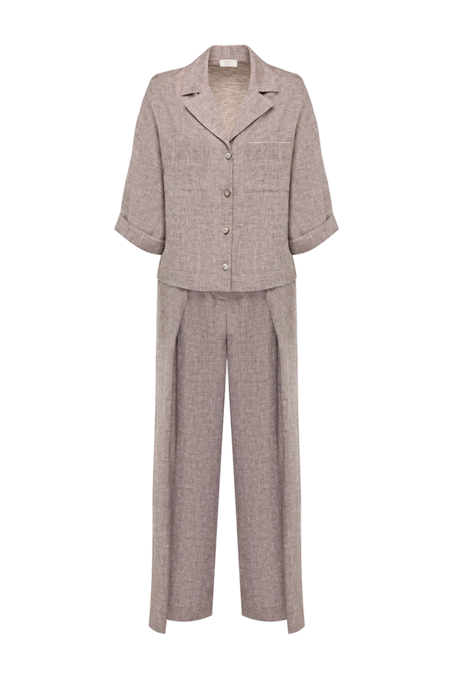 Peserico Women's suit with trousers brown with short sleeves - deep pintucks on trousers. 100% linen. buttons, drawstring . one chest pocket. Country of manufacture: Italy. Care: specialized cleaning - photo 1