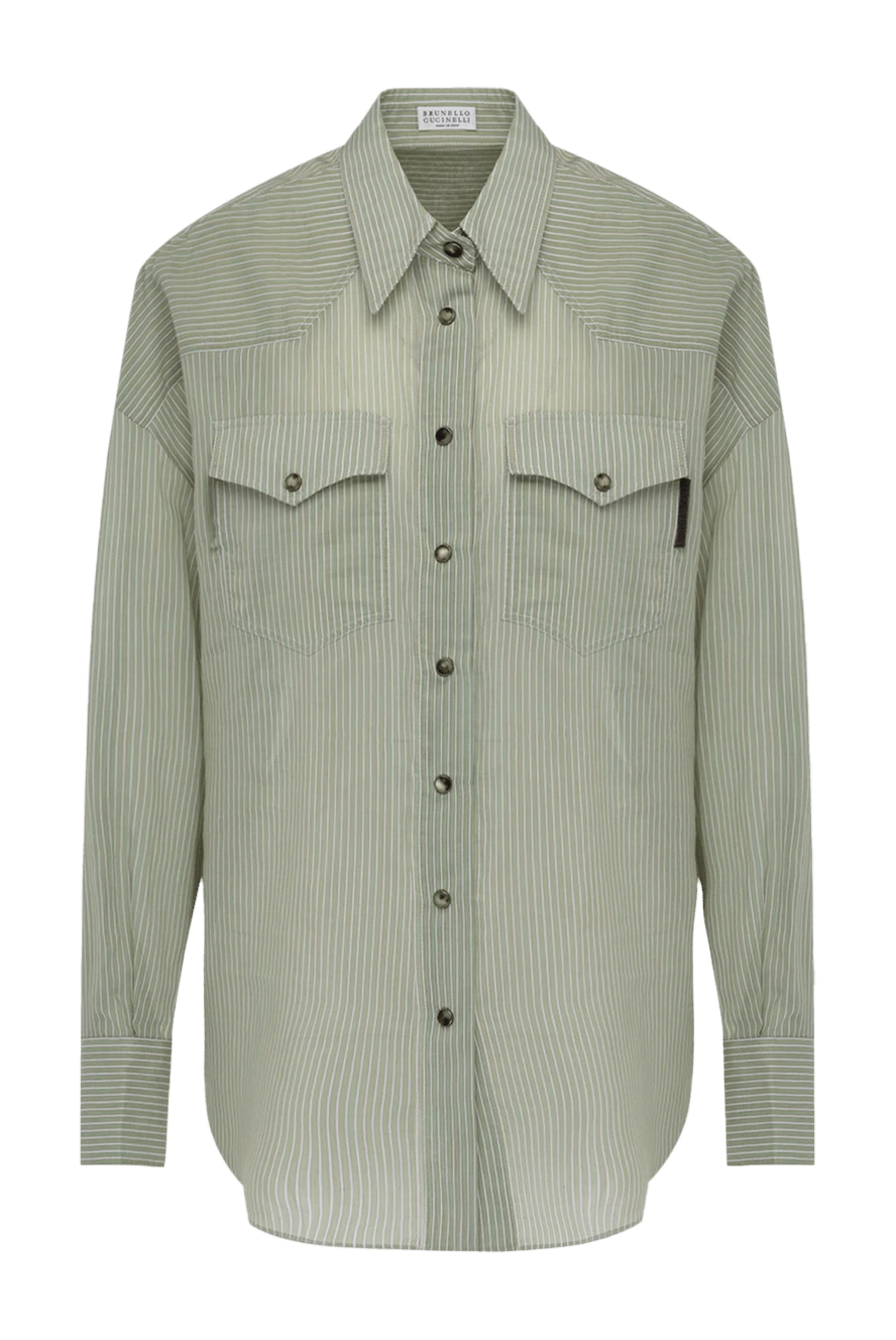 Brunello Cucinelli Blouse made of cotton and silk for women green - stripe pattern. 74% cotton, 26% silk. two chest pockets. Country of manufacture: Italy. Care: specialized cleaning - photo 1