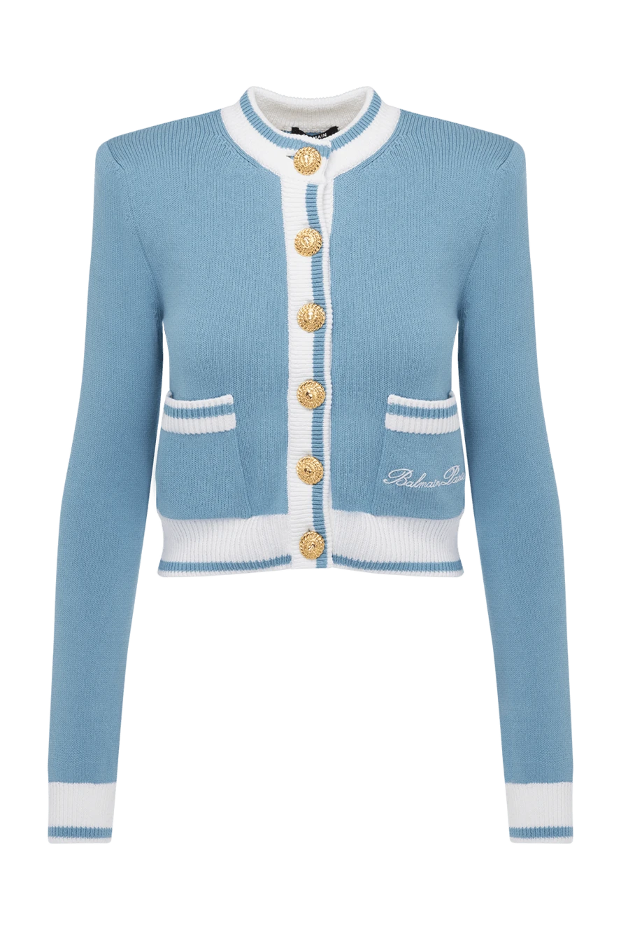 Balmain Blue cardigan for women - white edging, branded buttons. 43% cotton, 43% lyocell, 14% polyamide. Closure: buttons. two side pockets. Country of manufacture: Italy. Care: specialized cleaning - photo 1