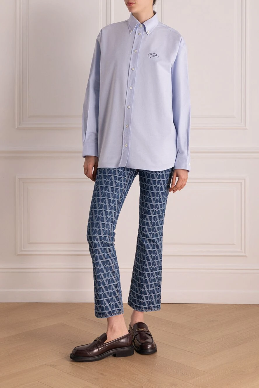 【PRADA】lady's ボーダーshirt ワンポイントロゴ マルチカラー Prada women's cotton shirt blue 178660 — Women shirt
