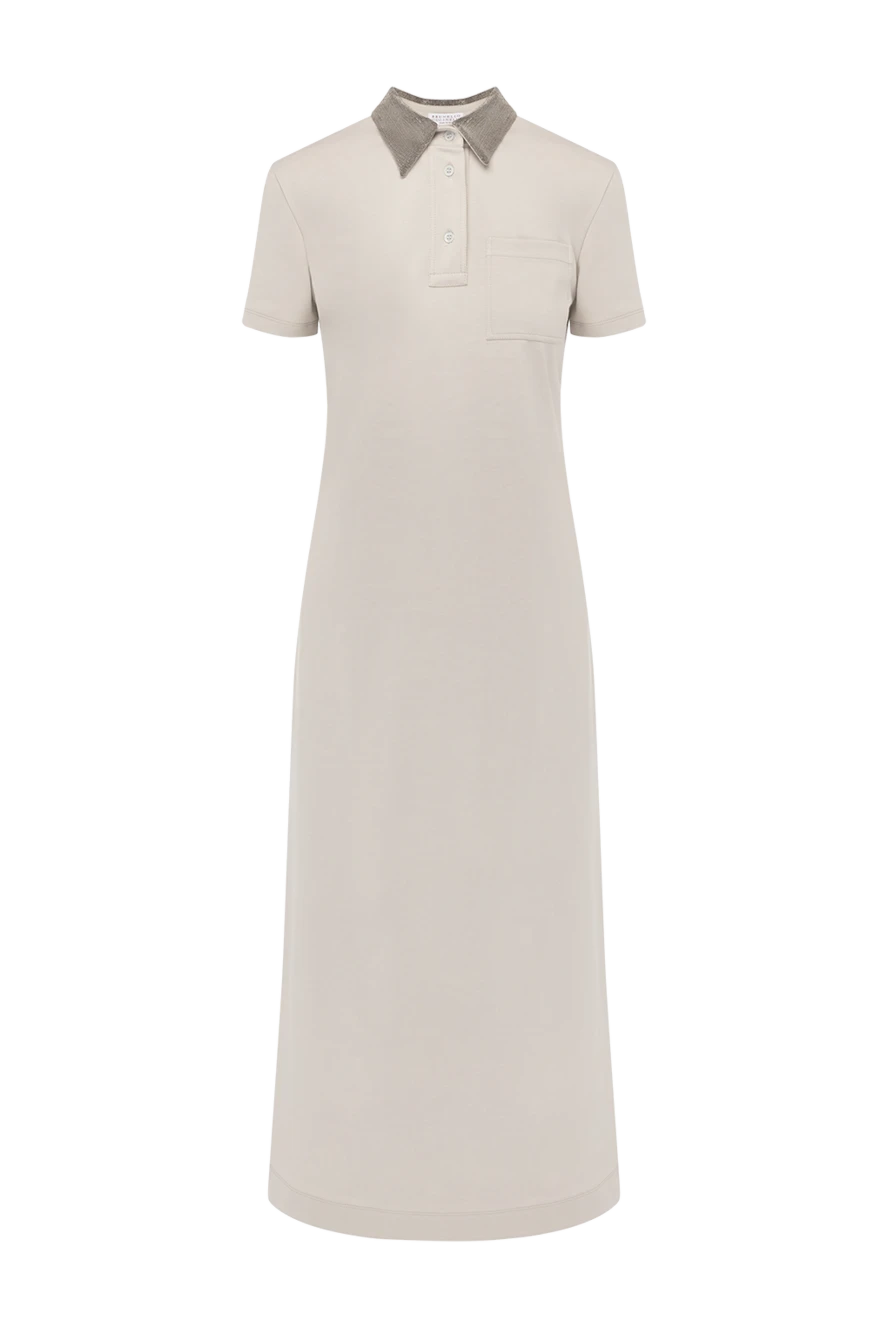 Brunello Cucinelli Gray knitted dress for women - contrast collar. 82% cotton, 12% polyamide, 6% elastane. Closure: buttons. one chest pocket. Country of manufacture: Italy. Care: specialized cleaning - photo 1