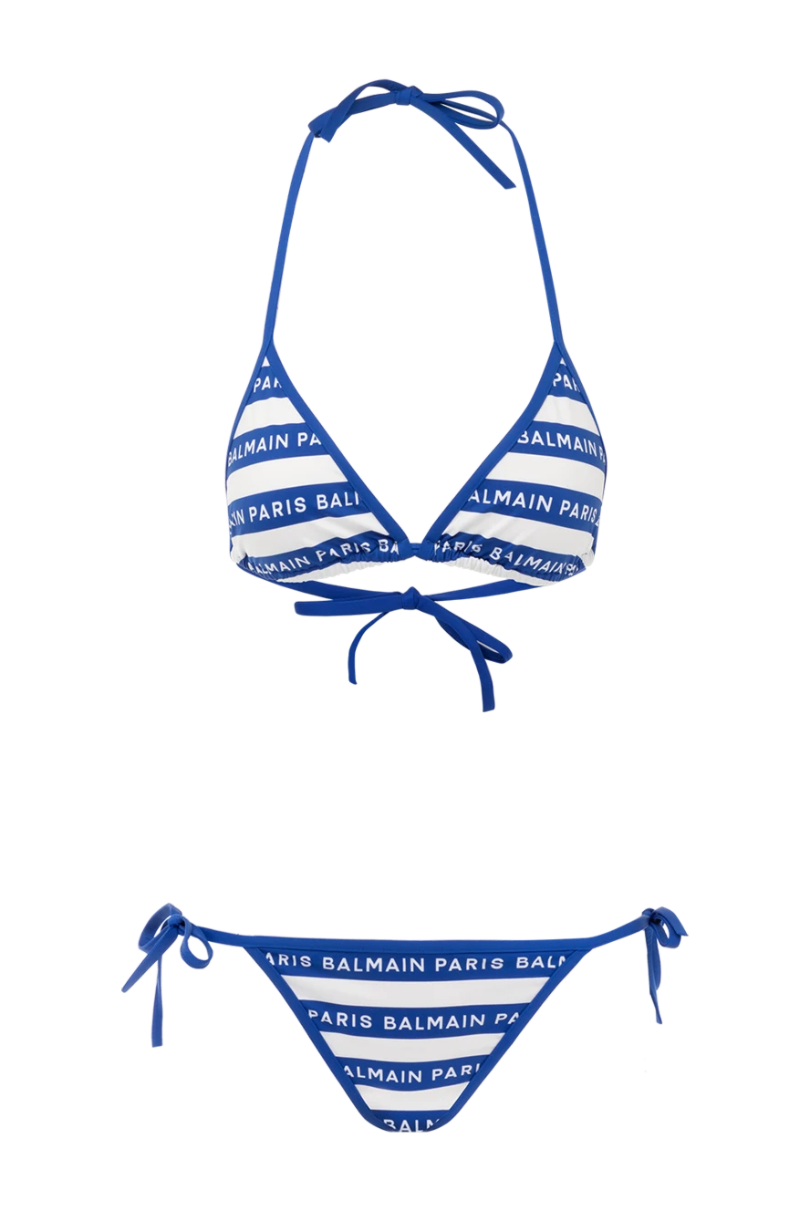 Balmain Women's blue two-piece swimsuit made of polyamide and elastane - brand logo, stripe pattern . 80% polyamide, 20% elastane. Closure: ties. Country of manufacture: Italy. Care: specialized cleaning - photo 1