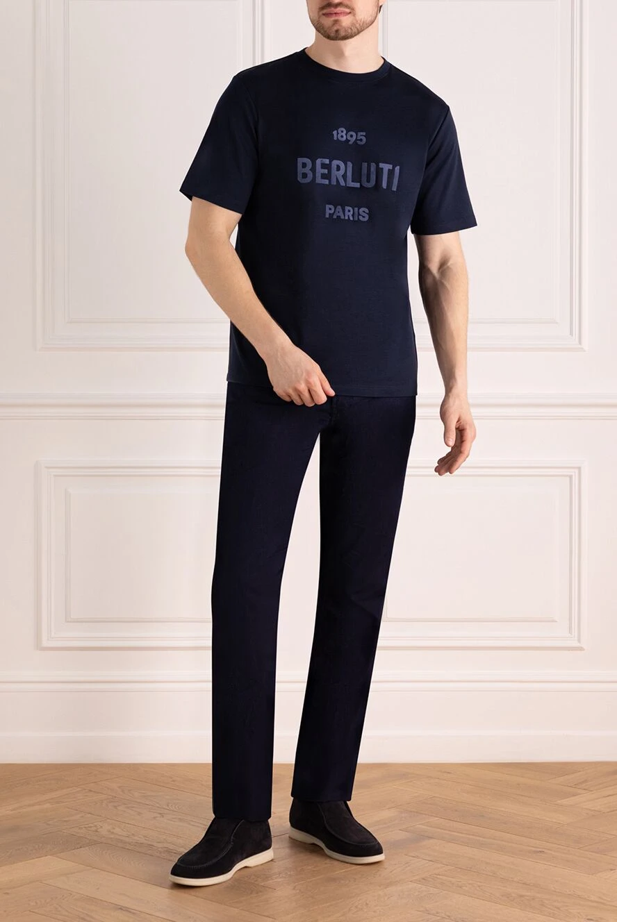 Berluti men's dark blue cotton t-shirt with 1895 paris print
