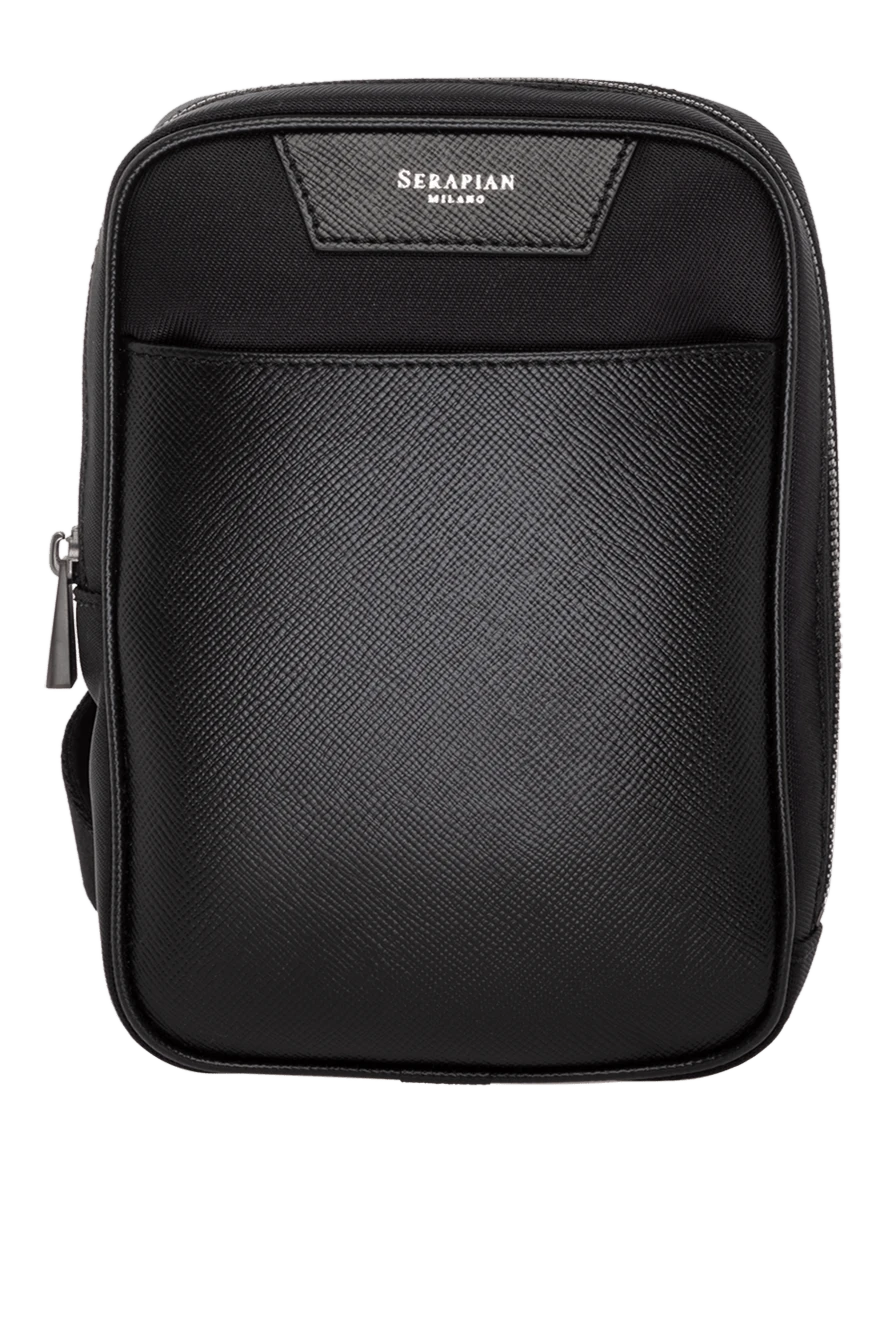 Serapian Black men's shoulder bag made of genuine leather and polyester - brand logo, textured leather. 50% genuine leather, 50% polyester. Closure: zipper. Country of manufacture: Italy. Care: specialized cleaning - photo 1