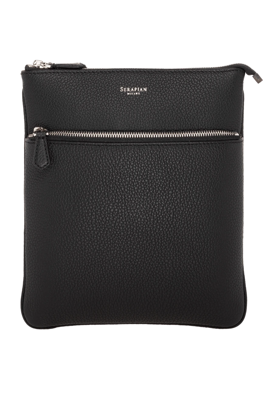 Serapian Men's black shoulder bag made of genuine leather - brand logo, textured leather. 100% genuine leather. Closure: zipper. zip pocket. Country of manufacture: Italy. Care: specialized cleaning - photo 1