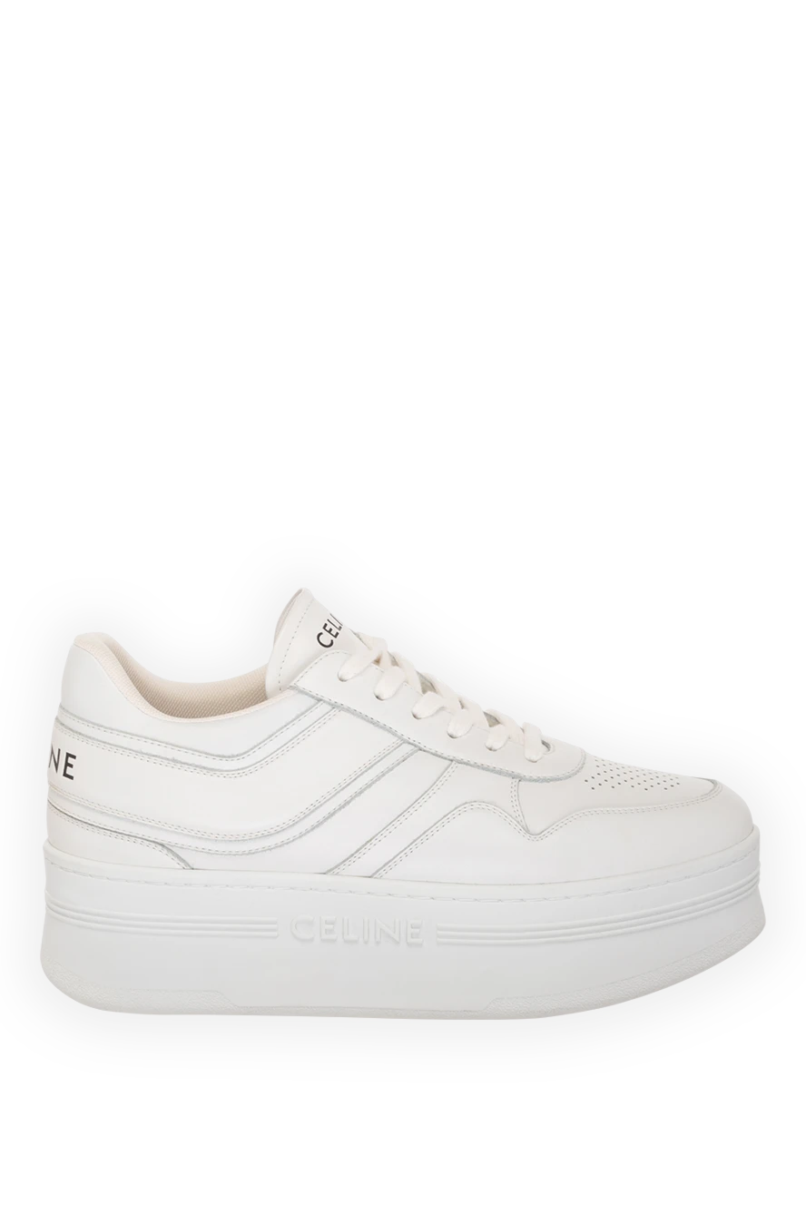 Celine Women's white genuine leather sneakers with high soles - brand logo. 100% genuine leather. Closure: lace. Country of manufacture: Italy. Care: specialized cleaning - photo 1