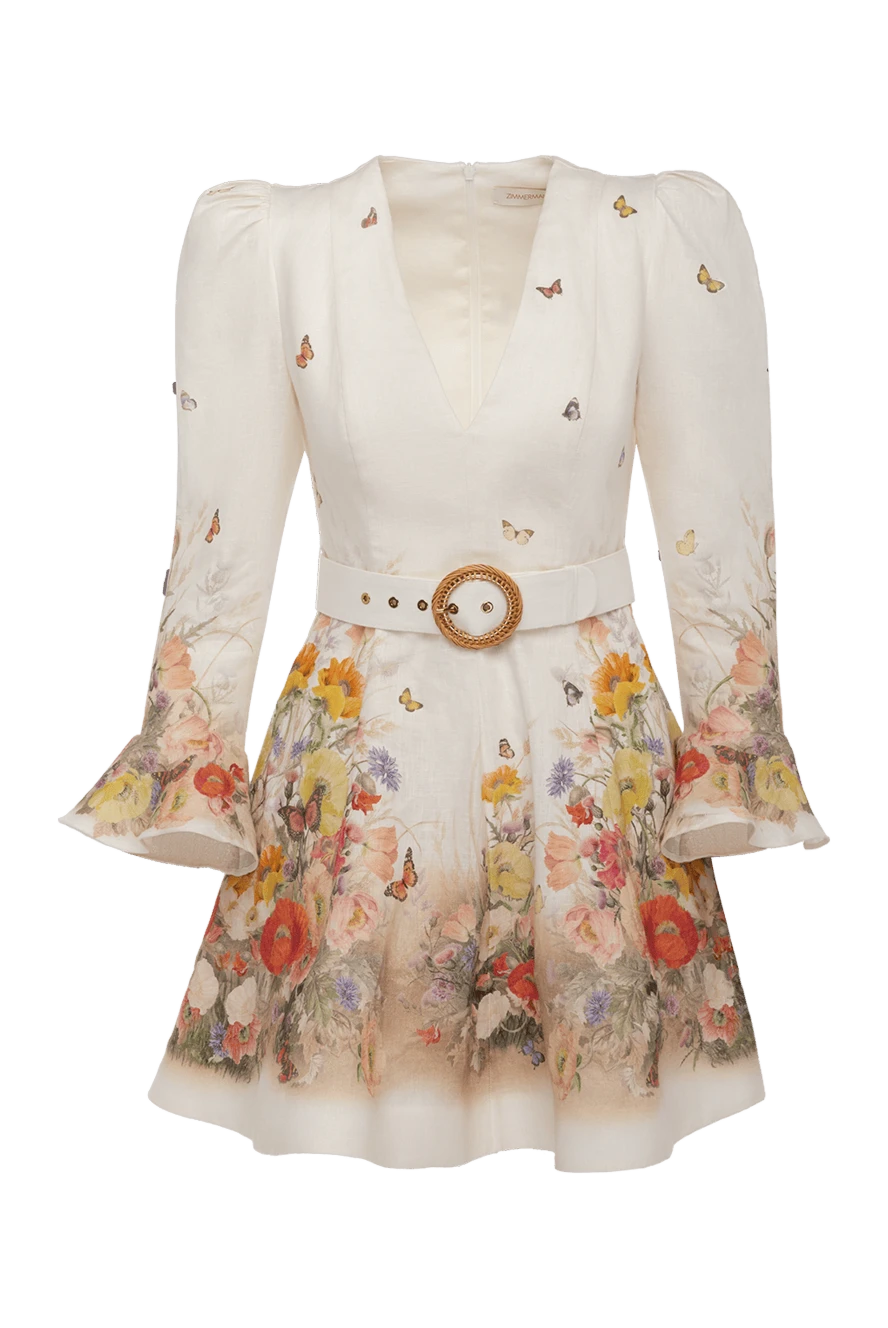 Zimmermann Beige linen dress for women - flowers print, belt. 100% linen. Closure: zipper. Country of manufacture: Italy. Care: specialized cleaning - photo 1