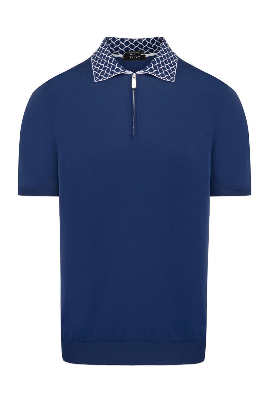 Svevo Men's blue cotton polo with patterned collar - collar with weave pattern. Composition:100% cotton. Closure: zipper. Country of manufacture: Italy. Care: specialized cleaning - photo 1