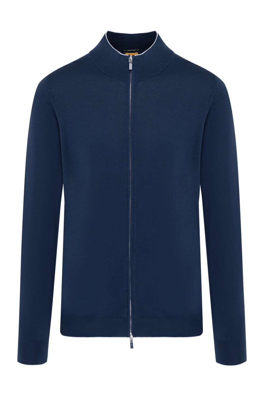 Svevo Men's blue cotton cardigan - contrast collar trim. 100% cotton. Closure: zipper. Country of manufacture: Italy. Care: specialized cleaning - photo 1