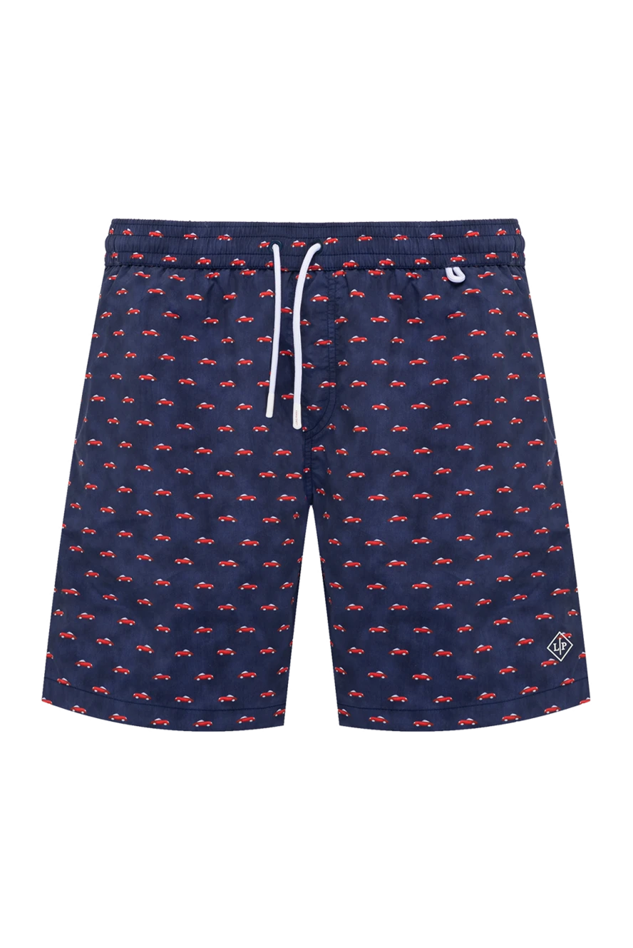 Loro Piana Men's blue printed polyester beach shorts - brand logo, car pattern. 100% polyester. Closure: drawstring. two side pockets, one back pocket. Country of manufacture: Italy. Care: specialized cleaning - photo 1