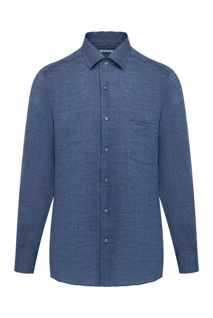 Loro Piana Men's blue linen shirt - 100% linen. Closure: buttons. one chest pocket. Country of manufacture: Italy. Care: specialized cleaning - photo 1