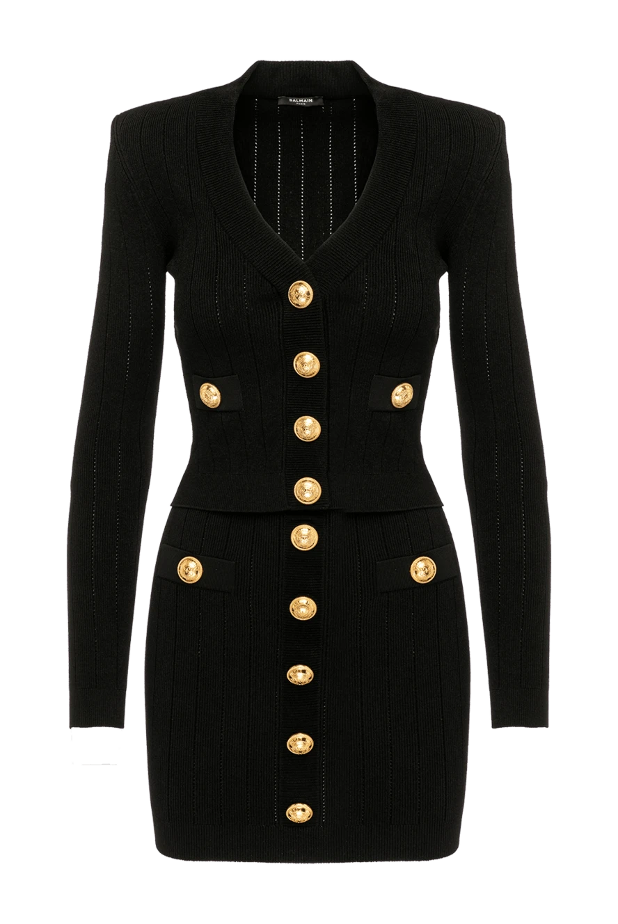 Balmain Women's black suit with a skirt made of viscose and polyester - Decor large branded buttons. 83% viscose, 17% polyester. buttons, zipper. Country of manufacture: Italy. Care: specialized cleaning - photo 1