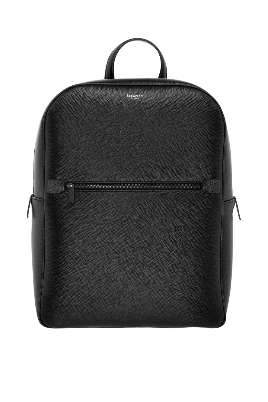 Serapian Black men's backpack made of calfskin - brand logo. 100% genuine calfskin. Closure: zipper. one exterior pocket, small zippered pocket at back, one laptop compartment, two smartphone pockets, four card pockets, pen holder, zippered pocket. Handles: suitcase handle, nylon shoulder straps. Country of manufacture: Italy. Care: specialized cleaning - photo 1