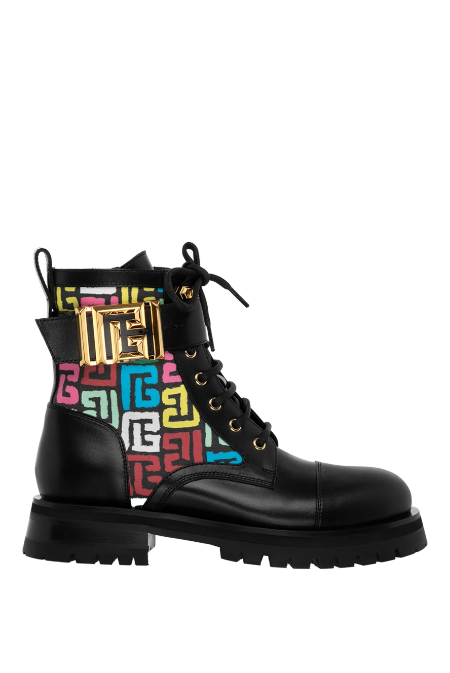 Balmain Women's black leather boots with colorful print - brand logo pattern, buckle. 100% genuine leather. Closure: laces. Country of manufacture: Italy. Care: specialized cleaning - photo 1