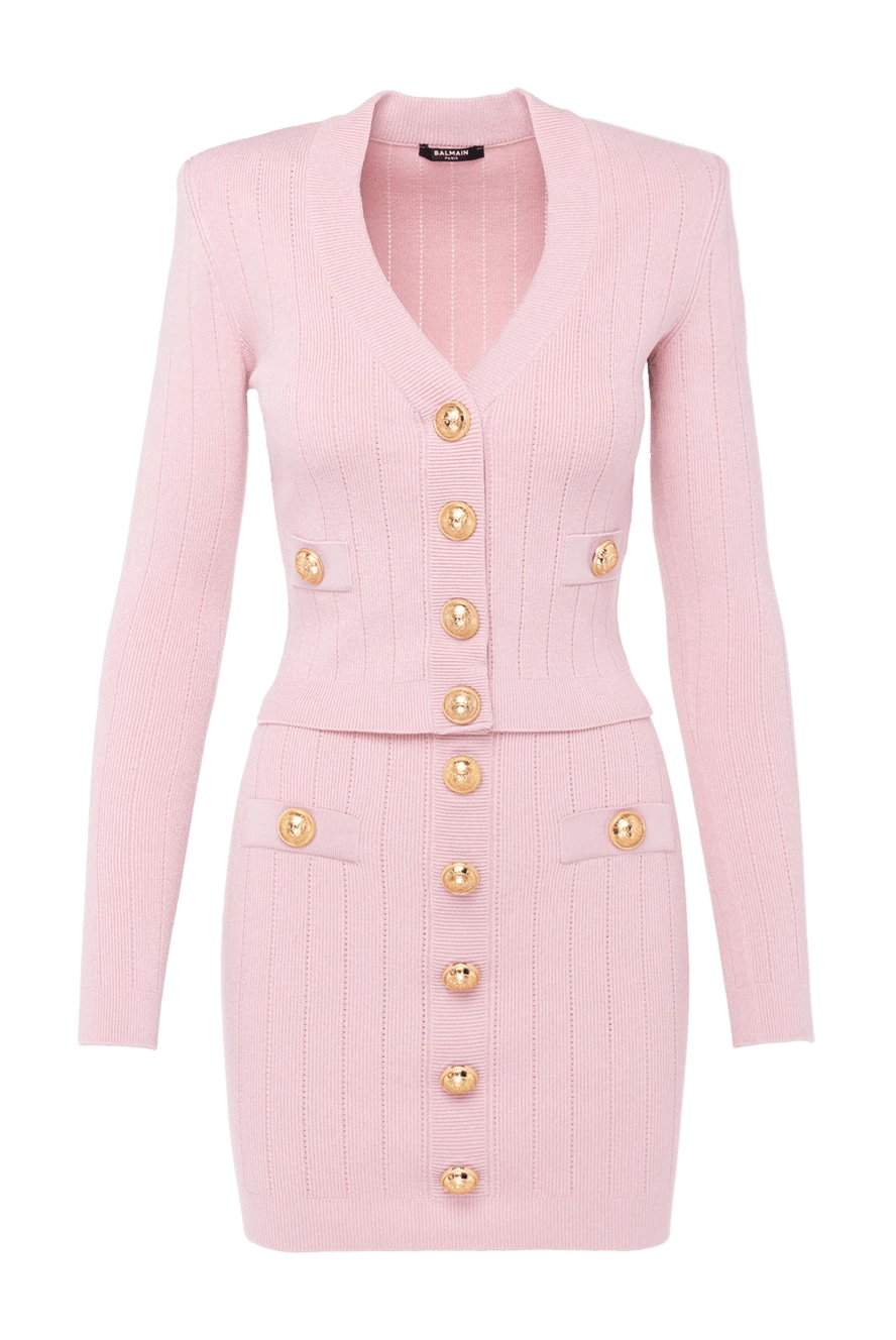 Balmain Women's pink suit with skirt made of viscose and polyester - Decor large branded buttons. 83% viscose, 17% polyester. buttons, zipper. Country of manufacture: Italy. Care: specialized cleaning - photo 1