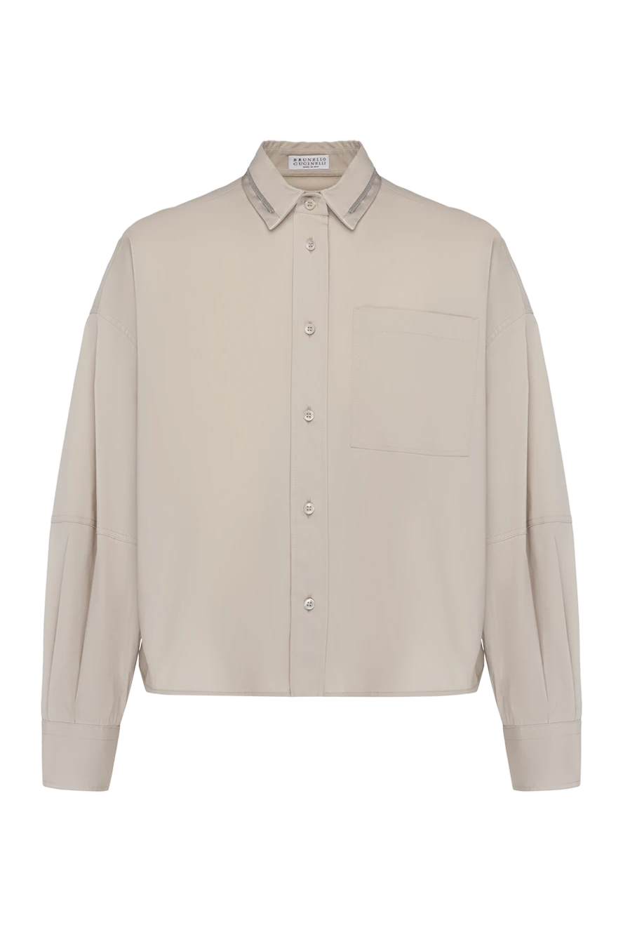 Brunello Cucinelli Blouse for women beige - collar edging. 72% cotton, 23% polyamide, 5% elastane. Closure: buttons. Pocket: Chest pocket. Country of manufacture: Italy. Care: specialized cleaning - photo 1