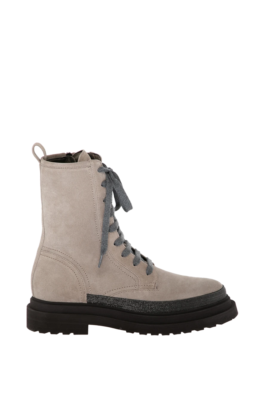 Brunello Cucinelli Women's gray suede boots - brand logo, textured leather. 100% genuine leather. Closure: laces. Country of manufacture: Italy. Care: specialized cleaning - photo 1