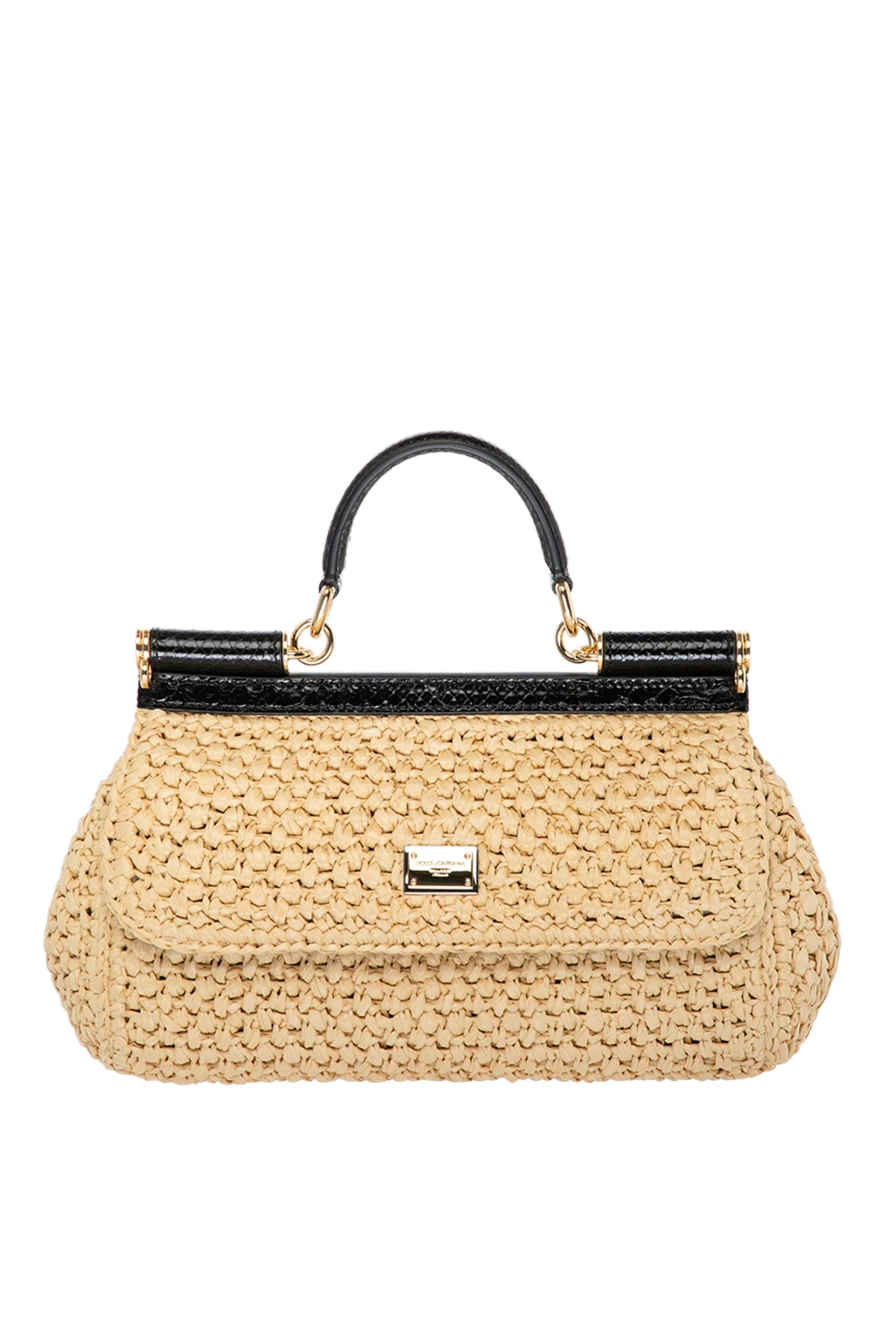 Dolce & Gabbana Beige women's bag made of raffia and python leather. - branded plate with two types of galvanic coating. 70% viscose 30% tiger python leather. Size: 17 ? 25 ? 9 cm. Handle: Top handle and detachable, adjustable python leather shoulder strap. Textile lining and flat pocket. Closure: Front flap with double hidden magnet clasp. Country of manufacture: Italy. Care: specialized cleaning - photo 1