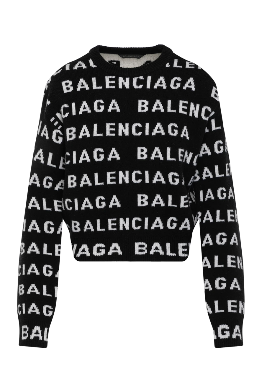 Balenciaga Женский черный джемпер с принтом с логотипом - паттерн крупного логотипа бренда. 98% шерсть 2% полиамид. Страна производитель: Италия. Уход: специализированная чистка - фото 1