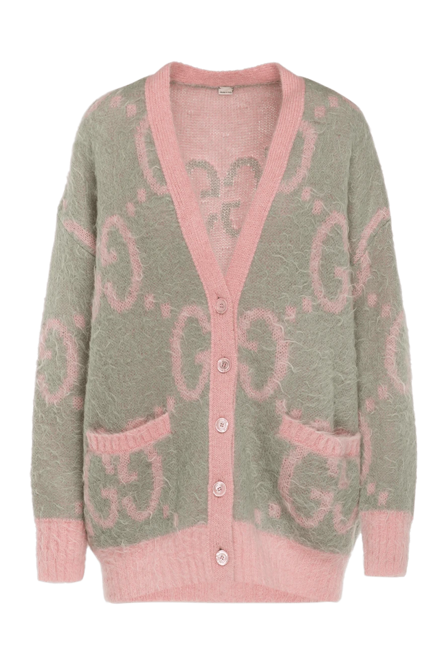 Gucci Women's green mohair cardigan - brand logo, pink edging. 65% mohair, 31% polyamide, 4% wool. Closure: buttons. two side pockets. Country of manufacture: Italy. Care: specialized cleaning - photo 1