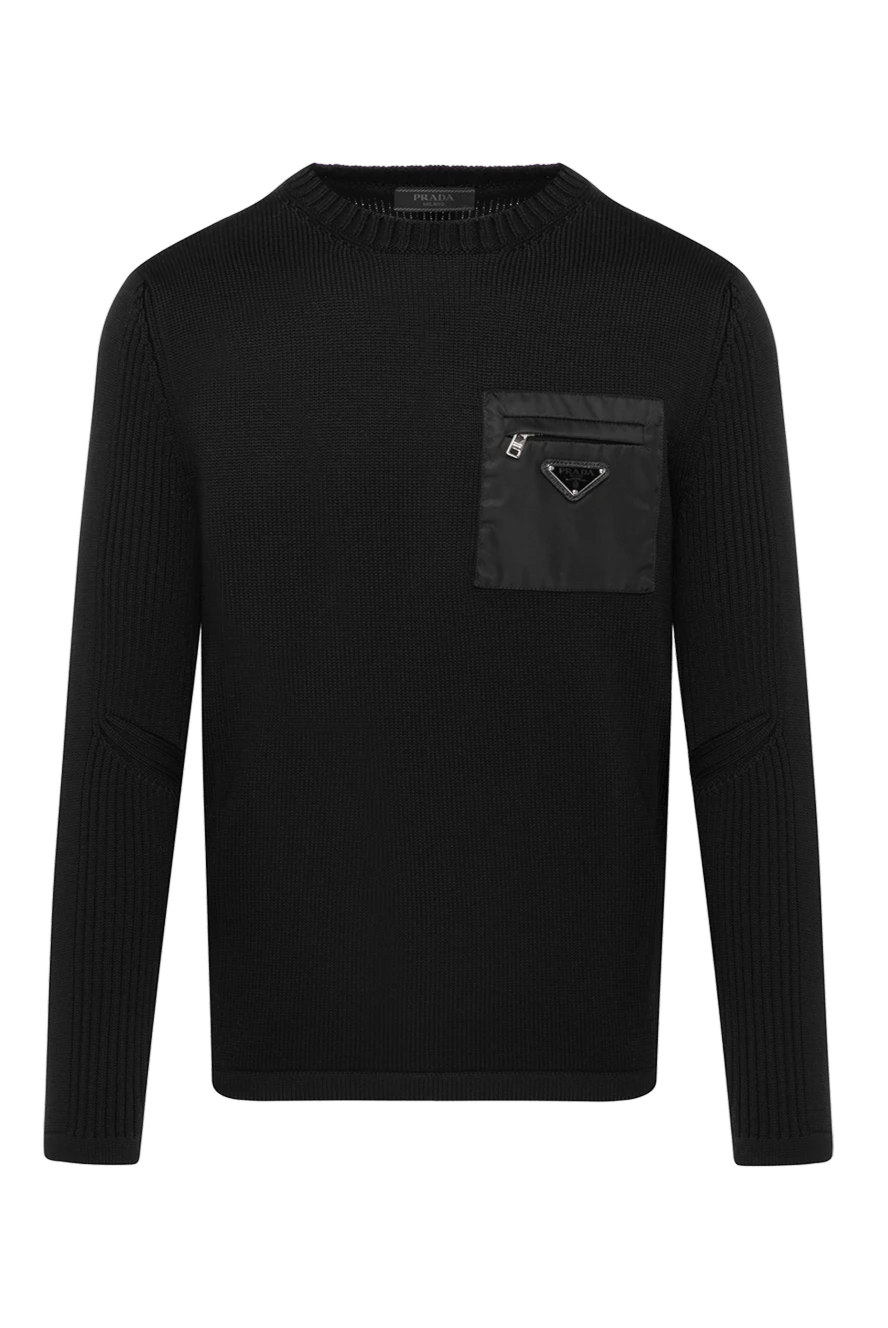 Prada Men's black jumper with chest pocket with zipper - brand logo. 100% wool. Pocket: chest pocket with zipper. Country of manufacture: Italy. Care: specialized cleaning - photo 1